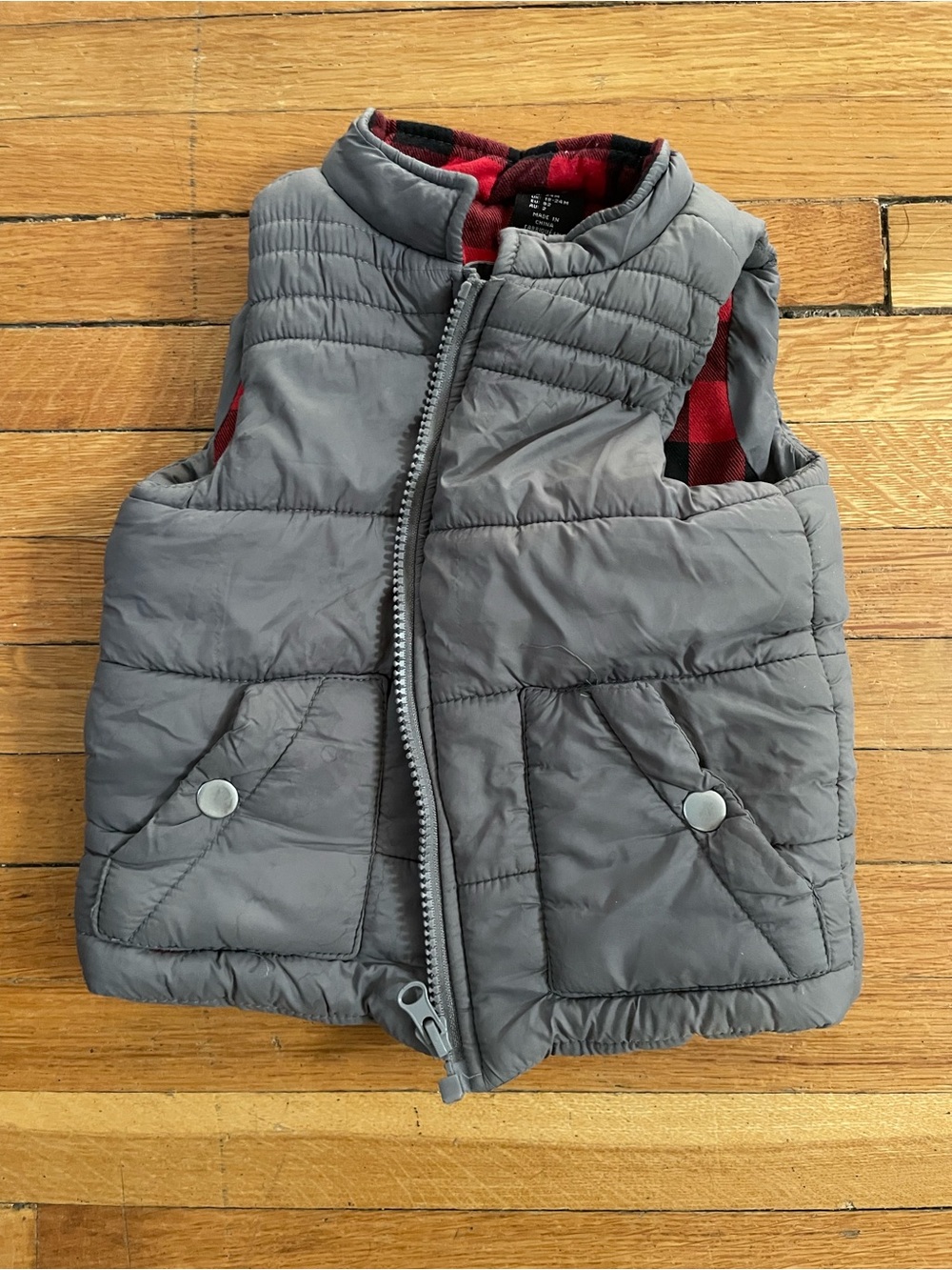 Grey Quilted Toddler Puffer Vest with Red Plaid Lining size 18-24 months